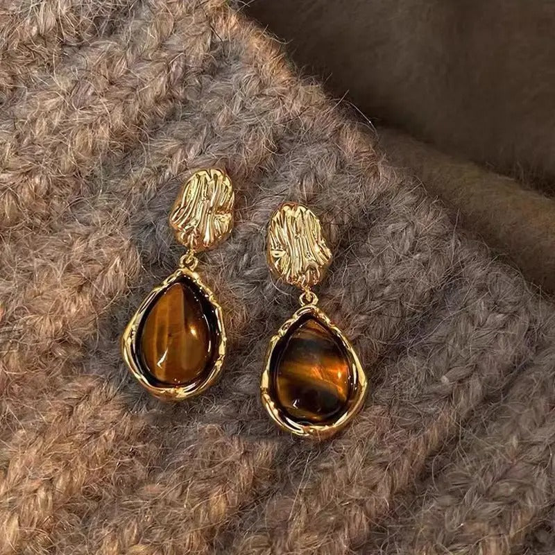 Vintage Gold Amber Brown Dangle Earrings-Ariette Jewelry