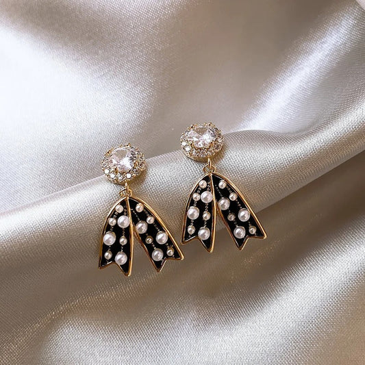 Vintage Black Bow Pearl Pendant Earrings-Ariette Jewelry