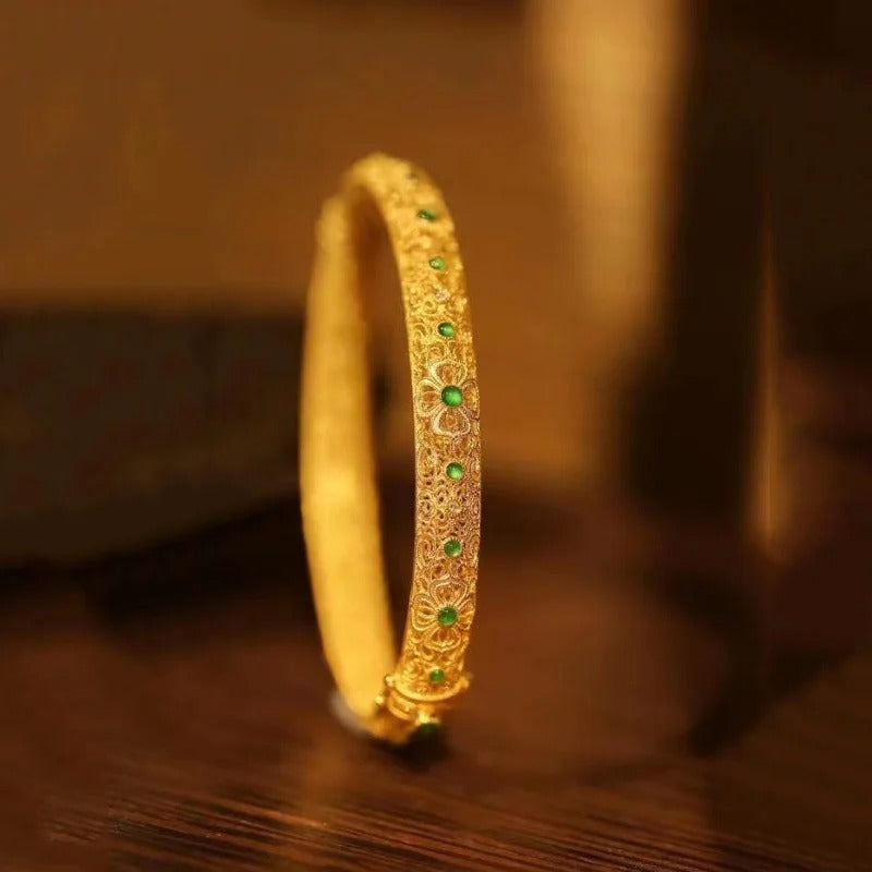 Ethnic Style Gold Green Gemstone & Floral Pattern Bangle Bracelet-Ariette Jewelry