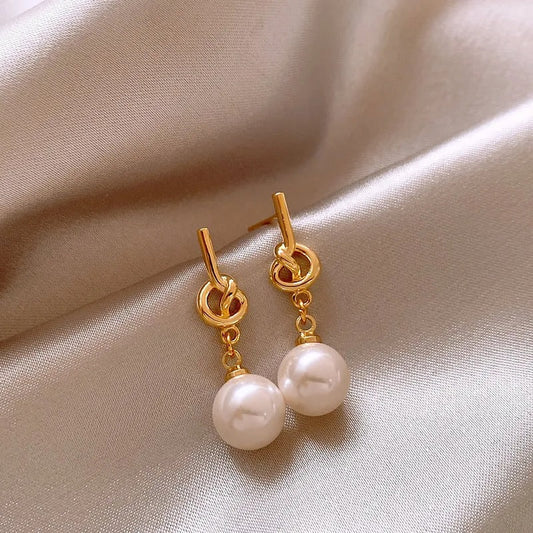 Gold & White Pearl Drop Earrings-Ariette Jewelry