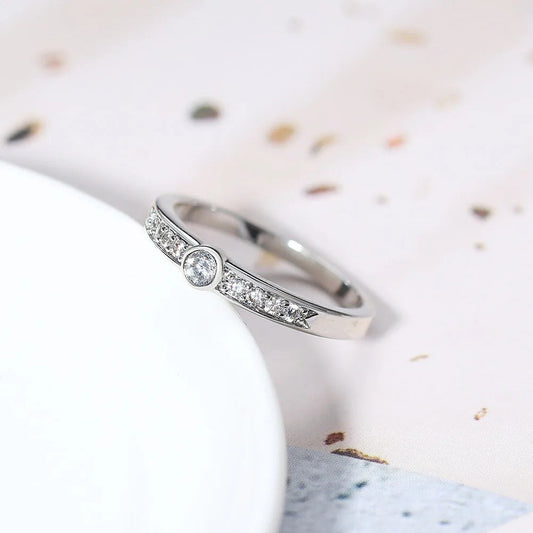 Classic Silver Central Round Gem Band Ring-Ariette Jewelry