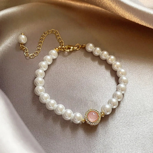 Vintage Pearl & Gold Rose Quartz Bracelet-Ariette Jewelry