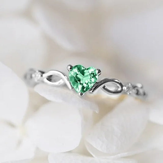 Classic Silver Green Heart Gemstone Swirl Ring-Ariette Jewelry