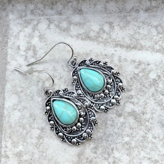 Silver Floral Turquoise Earrings-Ariette Jewelry