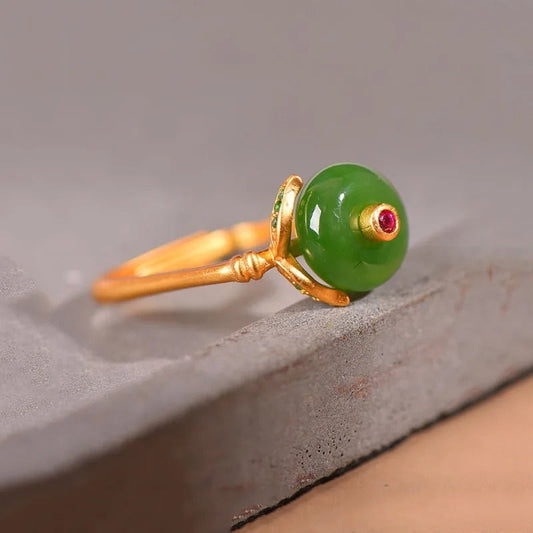 Vintage Gold Green Gemstone & Unique Square Adjustable Ring-Ariette Jewelry