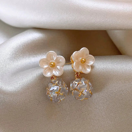 White Petals Zirconia Ball Pendant Earrings-Ariette Jewelry