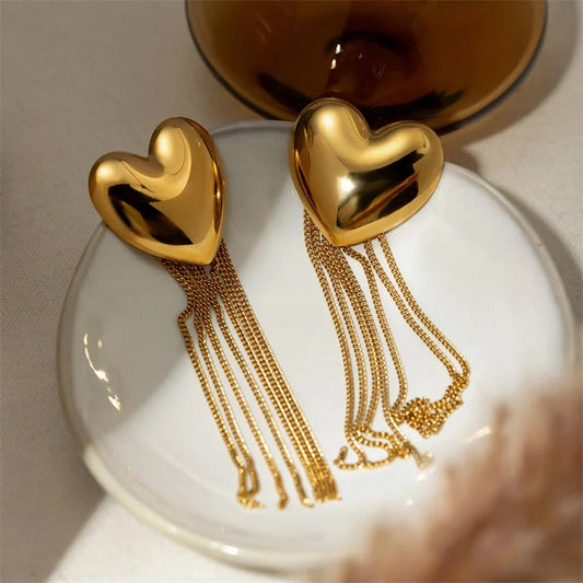 Vintage Gold Heart Cascading Chain Earrings-Ariette Jewelry