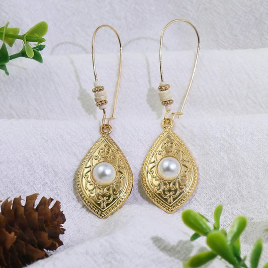 Vintage Gold Oval Pearl Earrings-Ariette Jewelry