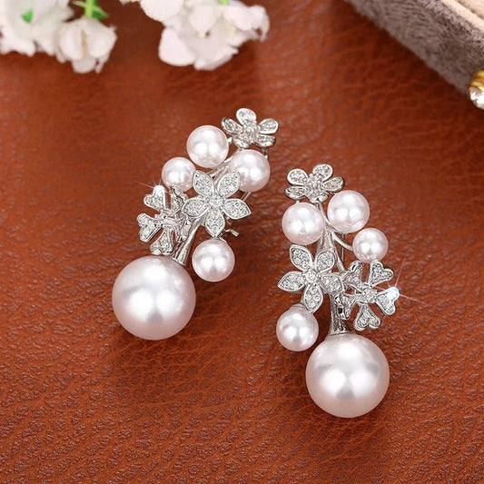 Vintage Silver Floral Pearl Earrings-Ariette Jewelry