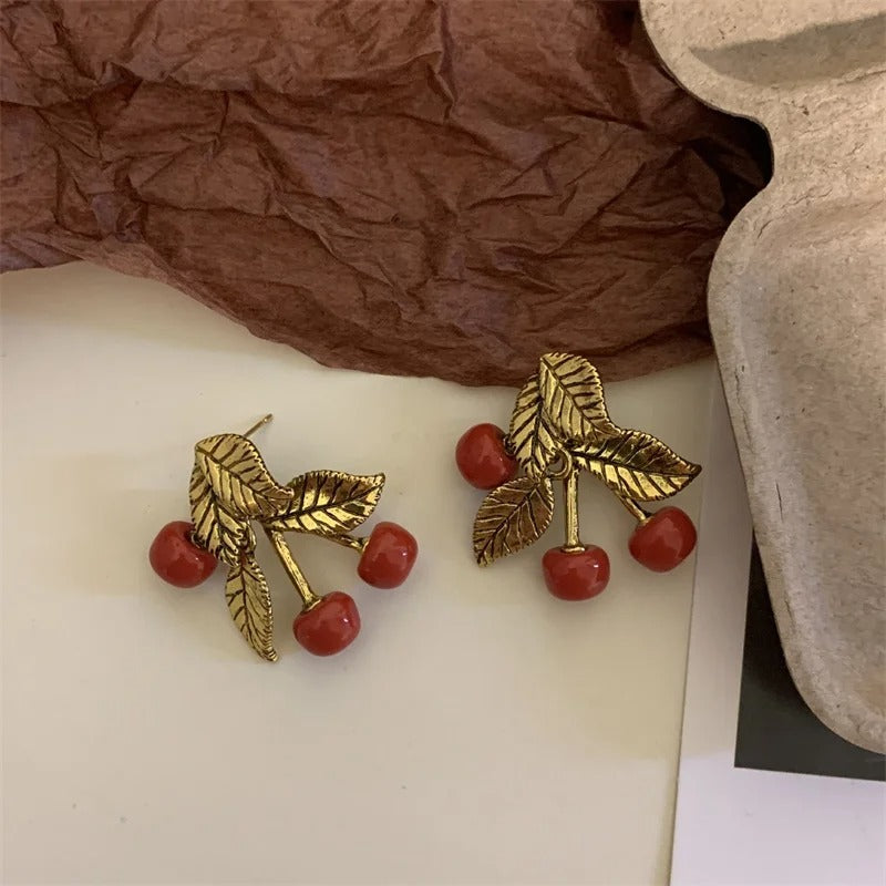 Classic Gold Red Cherry Stud Earrings-Ariette Jewelry