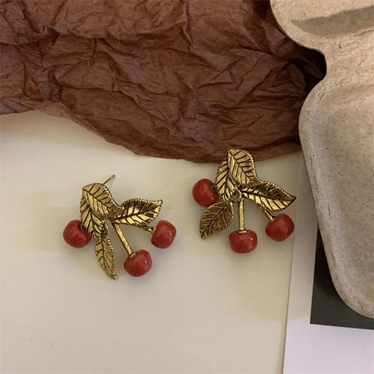 Classic Gold Red Cherry Stud Earrings-Ariette Jewelry
