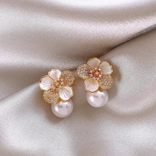 White Camellia Pearl Pendant Earrings-Ariette Jewelry