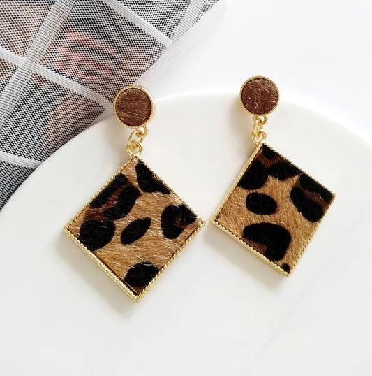 Gold & Leopard Print Stylish Square Drop Earrings-Ariette Jewelry