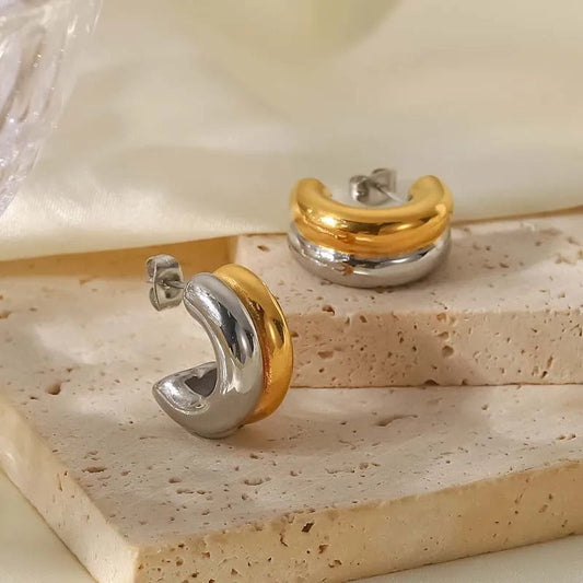 Vintage Gold & Silver Curved Hoop Earrings-Ariette Jewelry