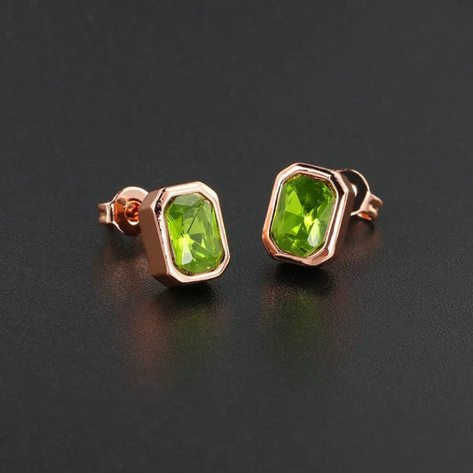 Vintage Rose Gold Green Rectangular Gemstone Earrings-Ariette Jewelry