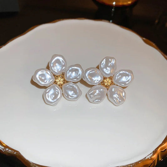 Vintage Gold White Flower Pearl Earrings-Ariette Jewelry
