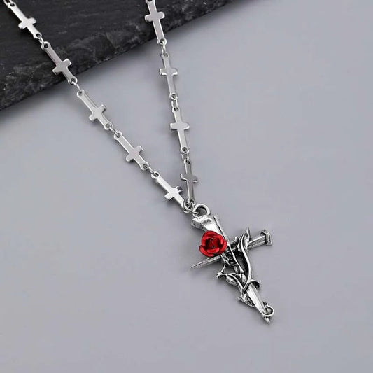 Silver Cross Pendant & Red Rose Necklace-Ariette Jewelry