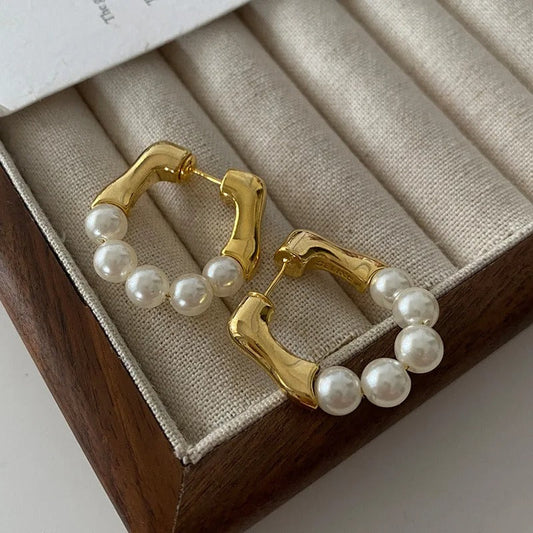 Vintage Gold & Pearl Beaded Hoop Earrings-Ariette Jewelry