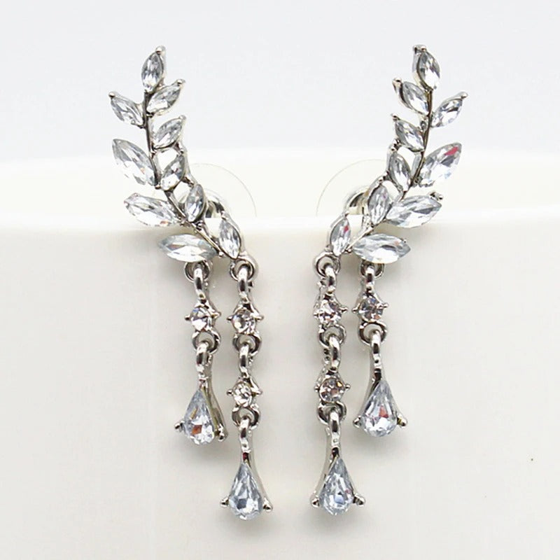 Silver Leaf Design Crystal Drop Earrings-Ariette Jewelry