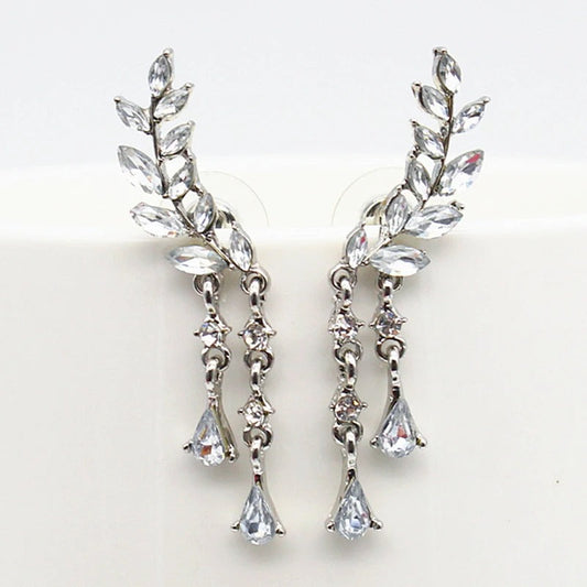 Silver Leaf Design Crystal Drop Earrings-Ariette Jewelry