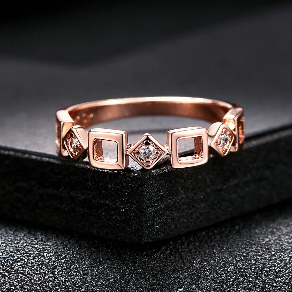 Vintage Rose Gold Unique Geometric Crystal Design Ring-Ariette Jewelry