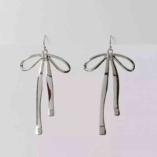 Silver Bow-Detail Long Dangle Drop Earrings-Ariette Jewelry