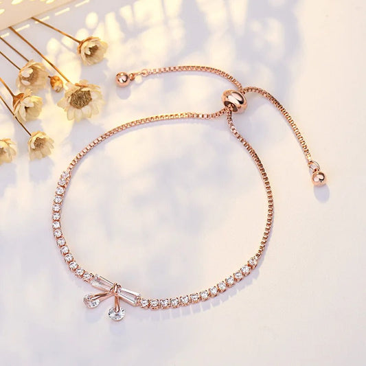 Classic Rose Gold Crystal Bow Adjustable Bracelet-Ariette Jewelry
