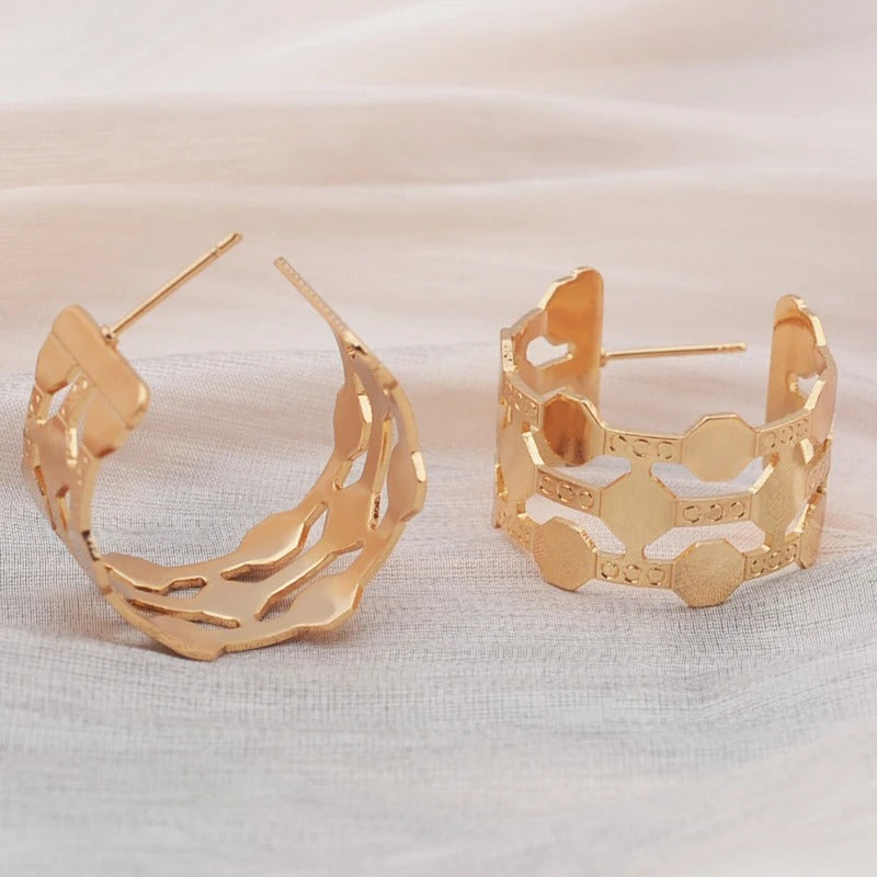 Gold Wide C-Shaped Dangle Earrings-Ariette Jewelry