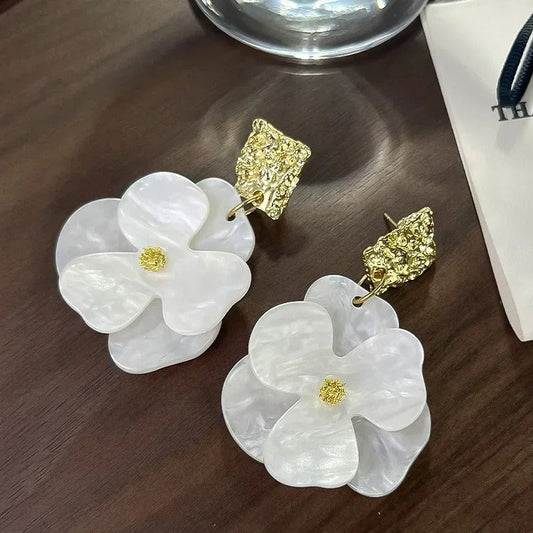 Vintage Gold & White Flower Pendant Dangle Earrings-Ariette Jewelry