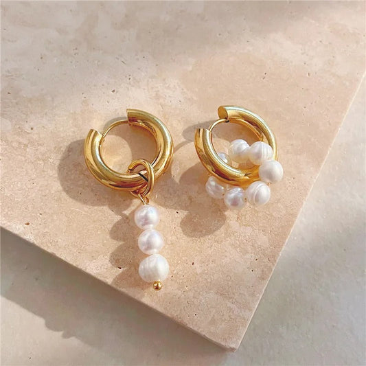 Gold Asymmetric Natural Freshwater Pearl Hanging Earrings-Ariette Jewelry