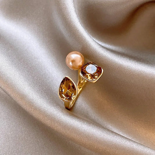 Vintage Crystal Champagne Pearl Adjustable Ring-Ariette Jewelry