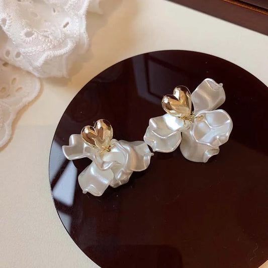 Vintage Gold Heart Pearl Flower Earrings-Ariette Jewelry