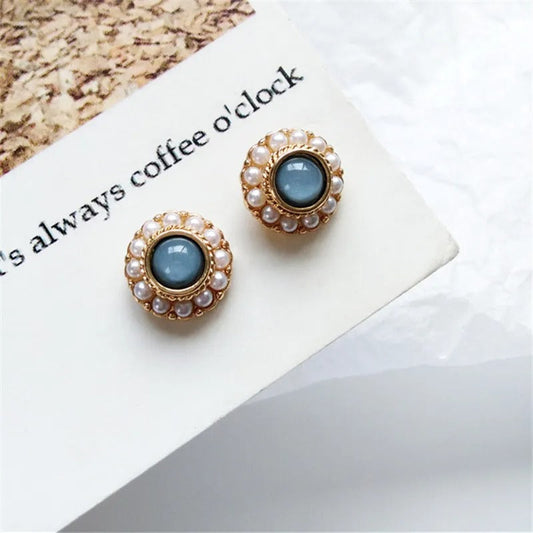 Vintage Gold & Pearl Blue Stone Stud Earrings-Ariette Jewelry