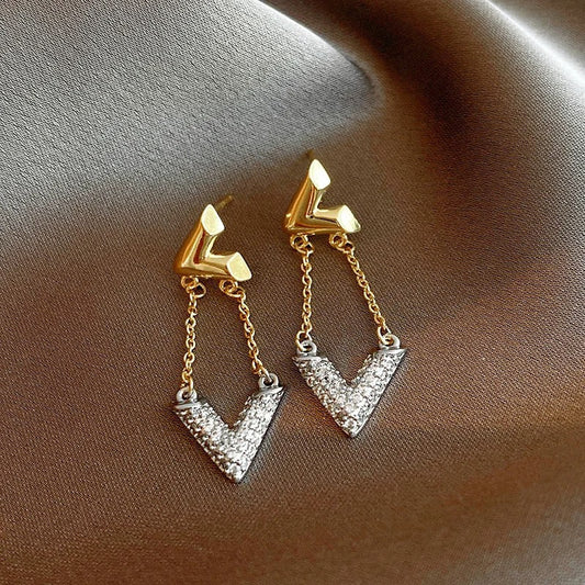 Gold & Silver V-Shaped Crystal Drop Earrings-Ariette Jewelry
