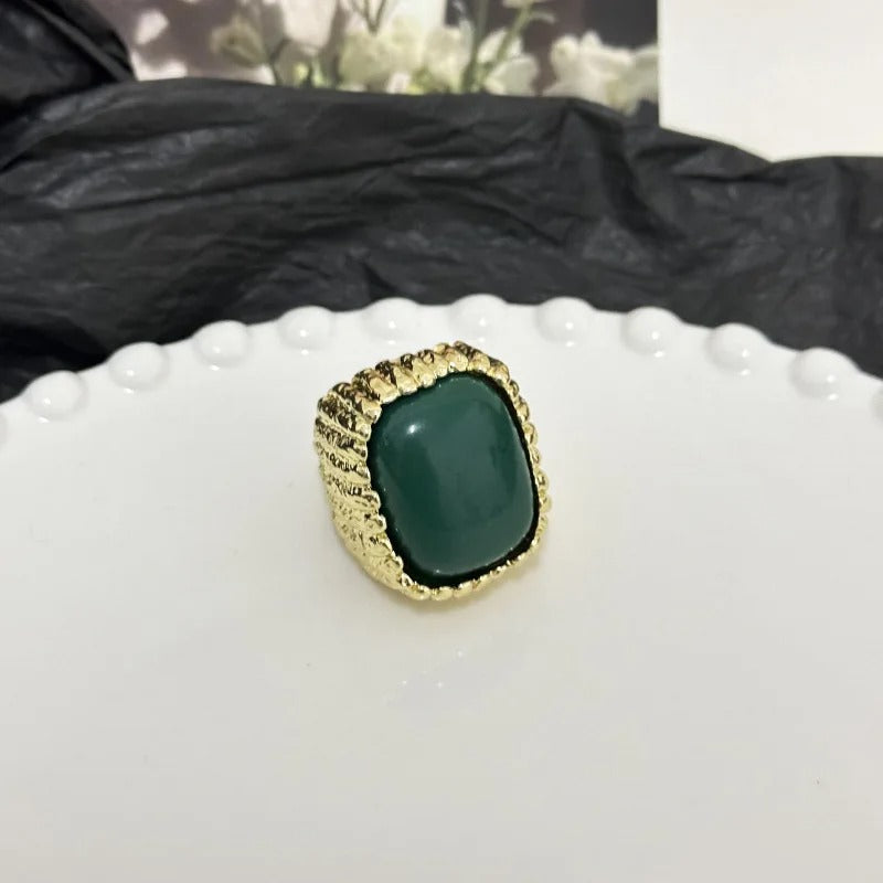 Vintage Gold Green Stone Textured Adjustable Ring-Ariette Jewelry