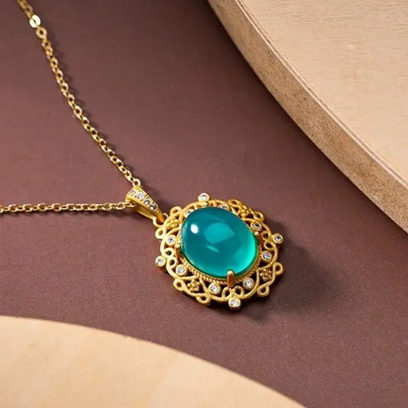 Vintage Gold Oval Gem & Crystal Filigree Pendant Necklace-Ariette Jewelry