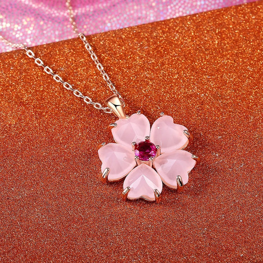 Gold Pink Flower Pendant Necklace-Ariette Jewelry