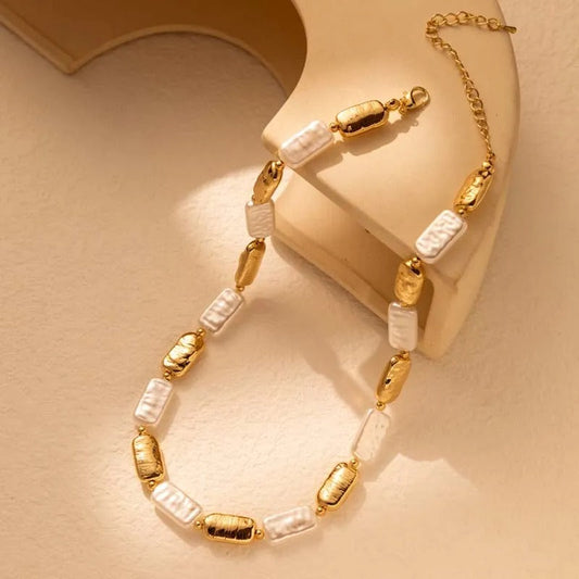 Vintage Gold & White Rectangular Bead Pearl Necklace-Ariette Jewelry