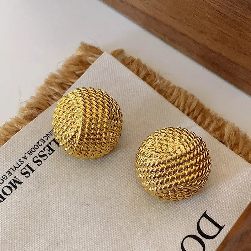 Gold Woven Knot Ball Stud Earrings-Ariette Jewelry