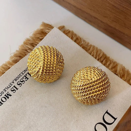 Gold Woven Knot Ball Stud Earrings-Ariette Jewelry