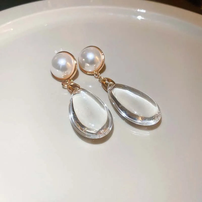 Classic Gold Pearl Big Crystal Pendant Earrings-Ariette Jewelry