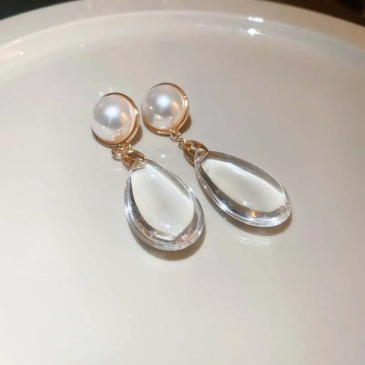 Classic Gold Pearl Big Crystal Pendant Earrings-Ariette Jewelry