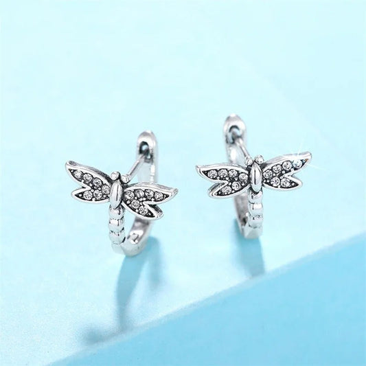 Silver Sparkling Dragonfly Earrings-Ariette Jewelry