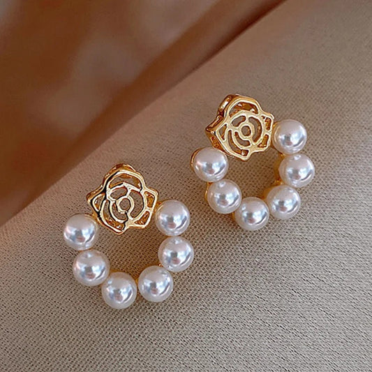 Vintage Gold & Pearl Rose Earrings-Ariette Jewelry
