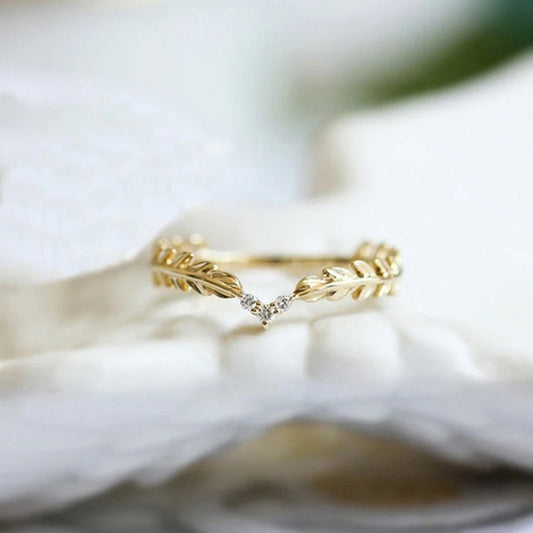 Vintage Gold V-Shaped Leaf Design & Crystal Ring-Ariette Jewelry