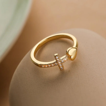 Gold Religious Cross Heart Resizable Ring-Ariette Jewelry