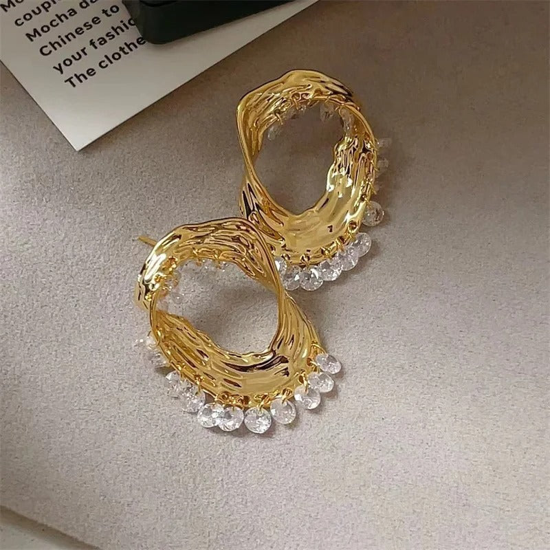 Classic Gold Crystal Drop & Sculpted Wave Earrings-Ariette Jewelry