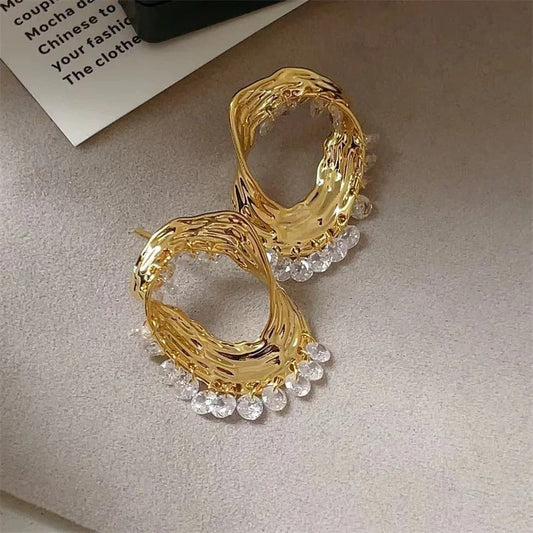 Classic Gold Crystal Drop & Sculpted Wave Earrings-Ariette Jewelry
