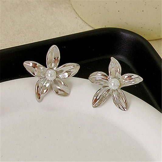 Classic Silver Flower White Pearl Accent Earrings-Ariette Jewelry