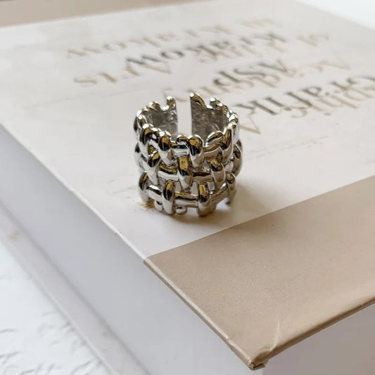 Silver Chain-Link Statement Unique Adjustable Ring-Ariette Jewelry